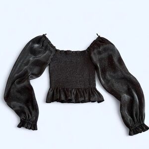 Wayf Black Smocked Blouse with Puff Sleeves